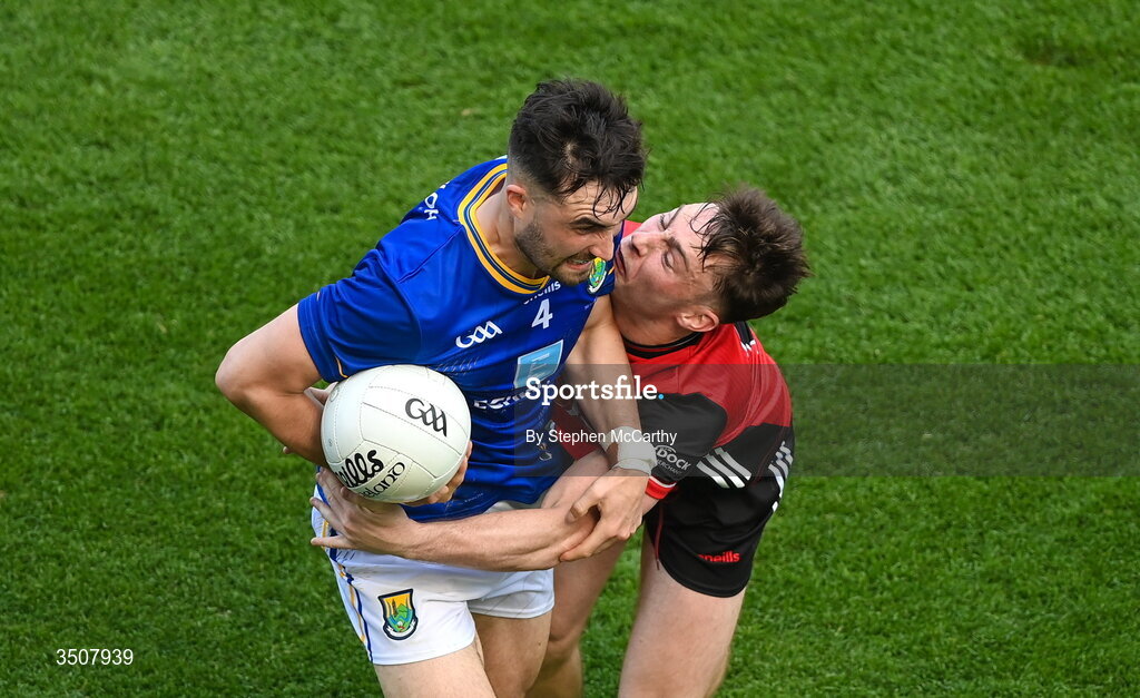 11 July 2026; Malachy Stone of Wicklow in action against Ceilum Doherty of Down during the Tailteann Cup final match between Down and Wicklow at Croke Park in Dublin. Photo by Stephen McCarthy/Sportsfile Photo by Stephen McCarthy/Sportsfile