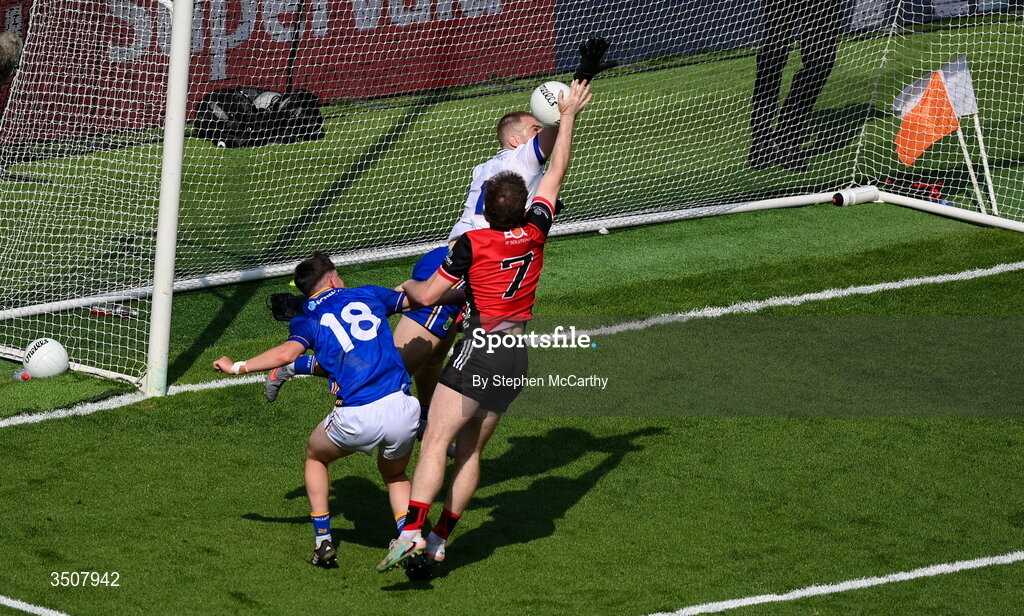 11 July 2026; Ryan Magill of Down and Wicklow goalkeeper Mark Jackson contest a late drop-in ball during the Tailteann Cup final match between Down and Wicklow at Croke Park in Dublin. Photo by Stephen McCarthy/Sportsfile