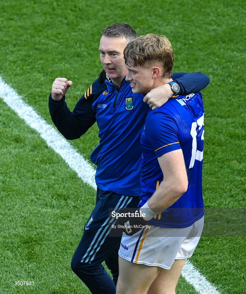 11 July 2026; Wicklow manager Oisín McConville and Oisin McGraynor of Wicklow celebrate after the Tailteann Cup final match between Down and Wicklow at Croke Park in Dublin. Photo by Stephen McCarthy/Sportsfile