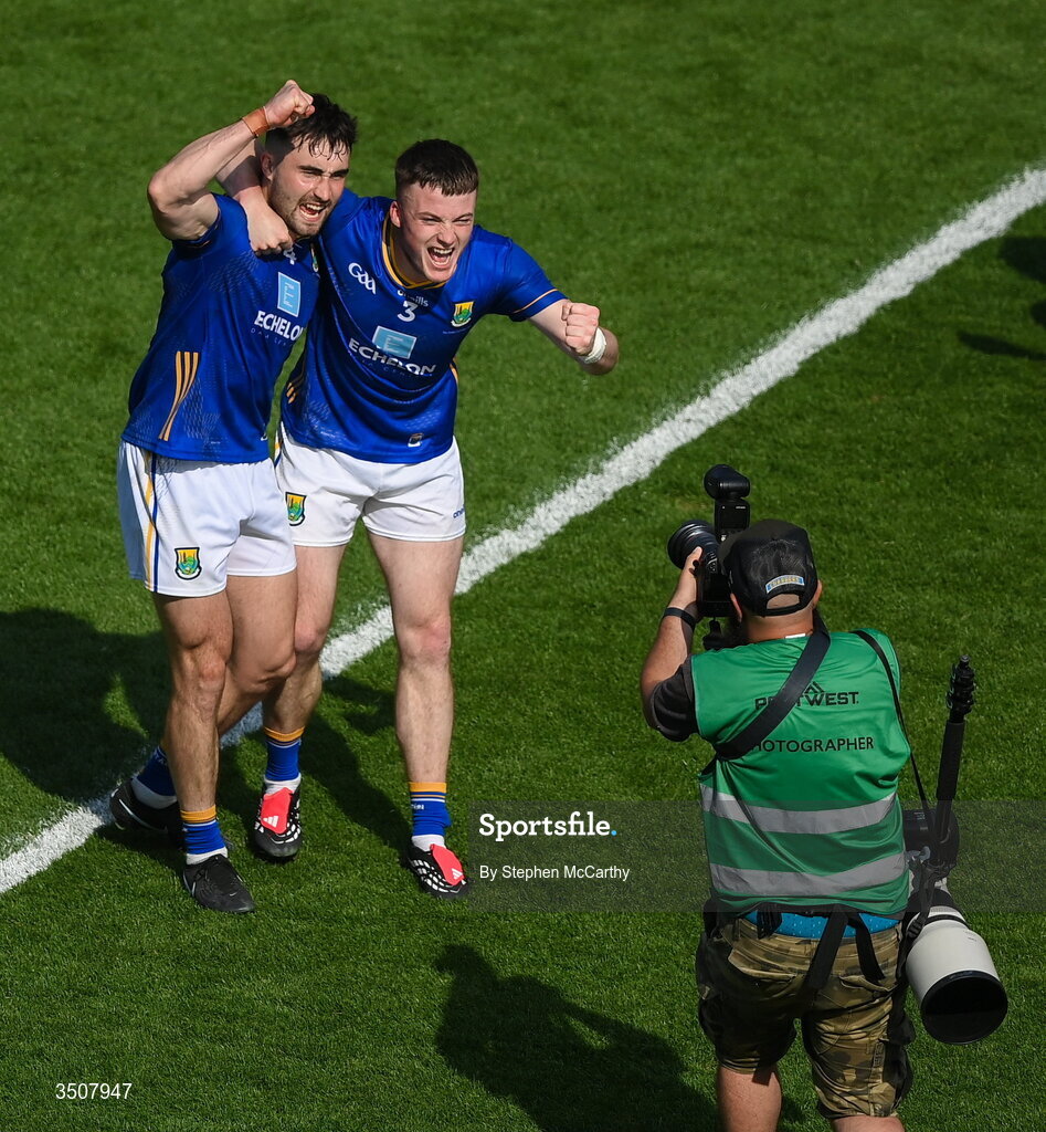 11 July 2026; Matt Nolan, left, and Malachy Stone of Wicklow celebrate after the Tailteann Cup final match between Down and Wicklow at Croke Park in Dublin. Photo by Stephen McCarthy/Sportsfile