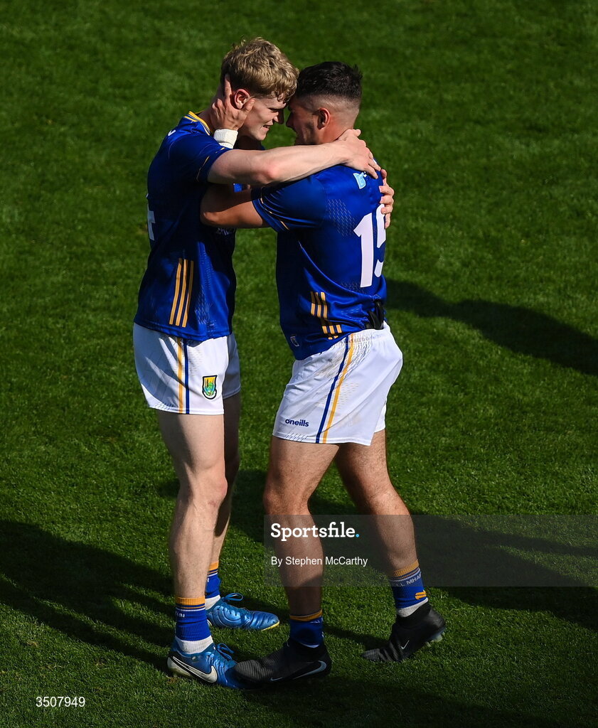 11 July 2026; Kevin Quinn, left, and Eoin Darcy of Wicklow celebrate after the Tailteann Cup final match between Down and Wicklow at Croke Park in Dublin. Photo by Stephen McCarthy/Sportsfile