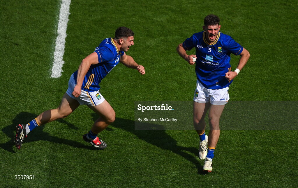11 July 2026; Darragh Fee, right, and Conor Fee of Wicklow celebrate after the Tailteann Cup final match between Down and Wicklow at Croke Park in Dublin. Photo by Stephen McCarthy/Sportsfile