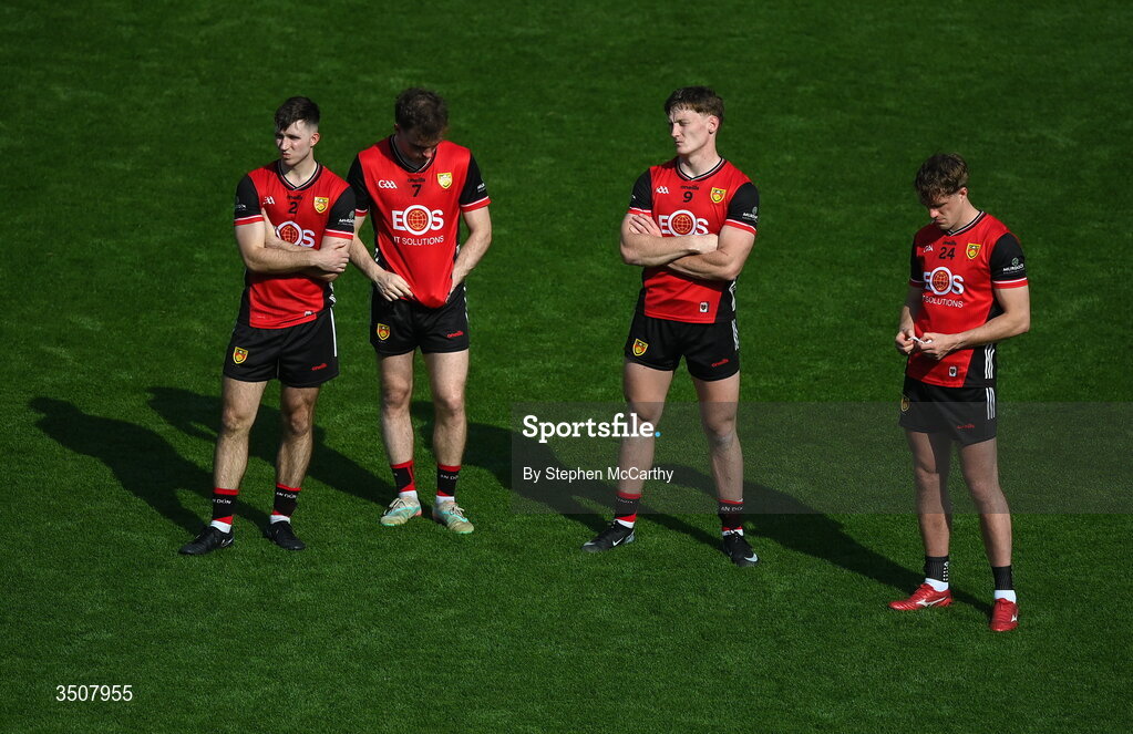 11 July 2026; Down players, from left, Peter Fegan, Ryan Magill, Odhran Murdock and Tom Close react after the Tailteann Cup final match between Down and Wicklow at Croke Park in Dublin. Photo by Stephen McCarthy/Sportsfile