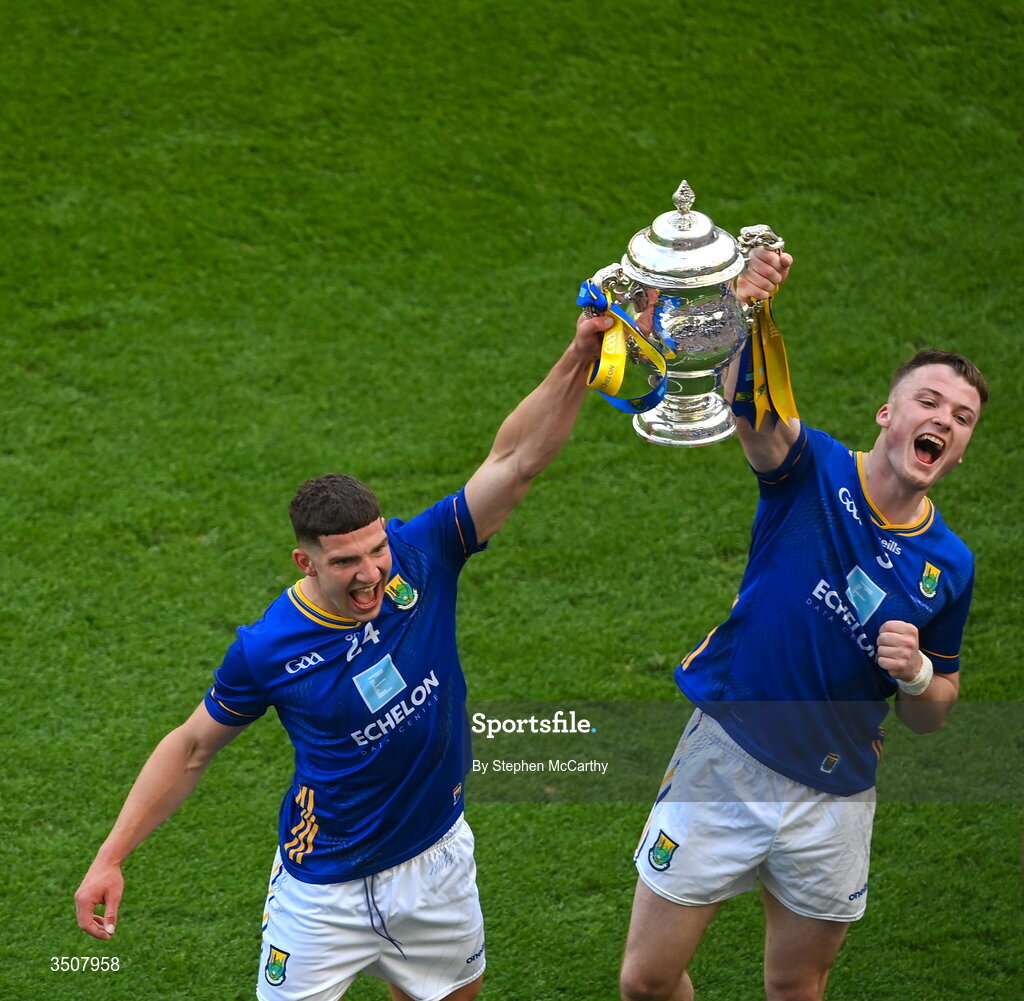 11 July 2026; Conor Fee, left, and Matt Nolan of Wicklow celebrate with the Tailteann Cup after the Tailteann Cup final match between Down and Wicklow at Croke Park in Dublin. Photo by Stephen McCarthy/Sportsfile
