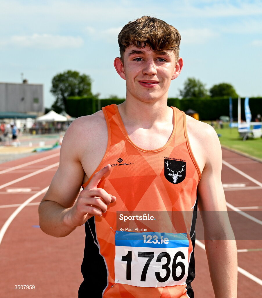 11 July 2026; Ewan Donald of Orangegrove A.C. wins the U18 boy's 200m during day three of the 123.ie National Championships at Tullamore Harriers Athletics Club in Tullamore, Offaly. Photo by Paul Phelan/Sportsfile