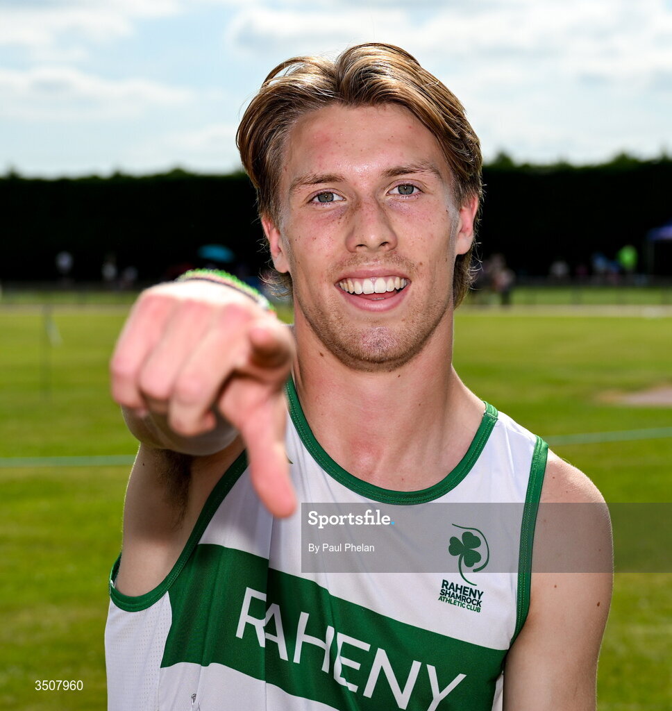 11 July 2026; Conrad Latham of Raheny Shamrock A.C. wins the U19 boy's 1500m during day three of the 123.ie National Championships at Tullamore Harriers Athletics Club in Tullamore, Offaly. Photo by Paul Phelan/Sportsfile