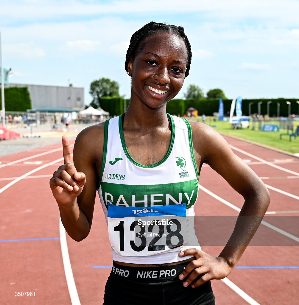 11 July 2026; Rachel Afari of Raheny Shamrock A.C. wins the U18 girl's 200m during day three of the 123.ie National Championships at Tullamore Harriers Athletics Club in Tullamore, Offaly. Photo by Paul Phelan/Sportsfile