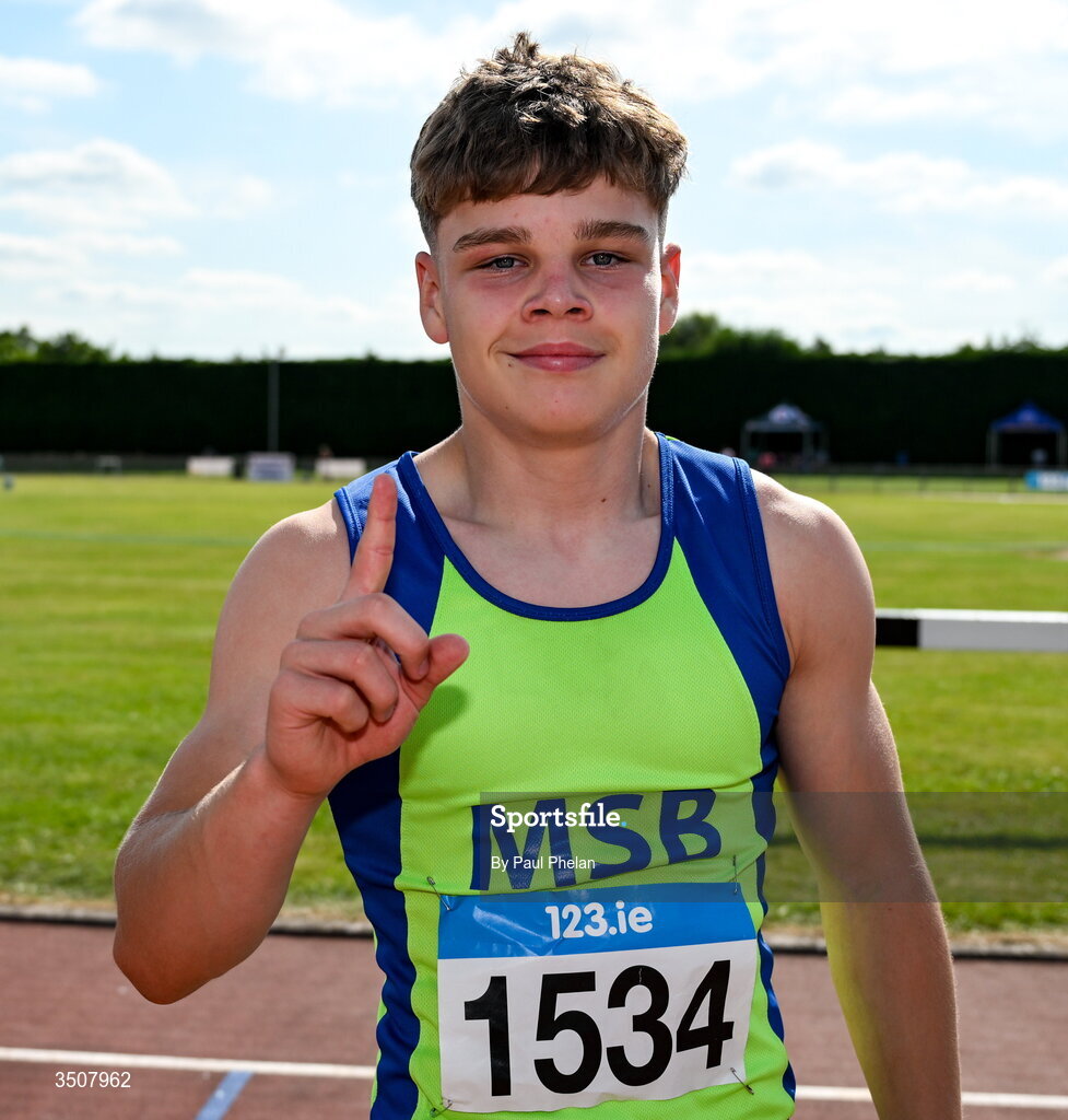 11 July 2026; Harry Atkinson of Metro/St. Brigids A.C. wins the U16 boy's 200m during day three of the 123.ie National Championships at Tullamore Harriers Athletics Club in Tullamore, Offaly. Photo by Paul Phelan/Sportsfile