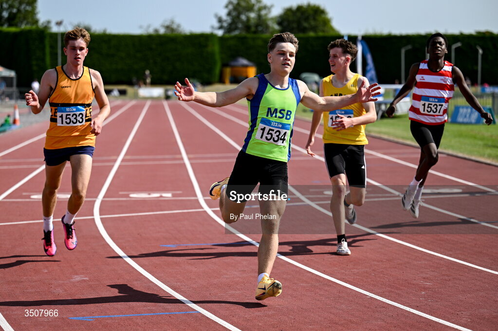 11 July 2026; Harry Atkinson of Metro/St. Brigids A.C. wins the U16 boy's 200m during day three of the 123.ie National Championships at Tullamore Harriers Athletics Club in Tullamore, Offaly. Photo by Paul Phelan/Sportsfile