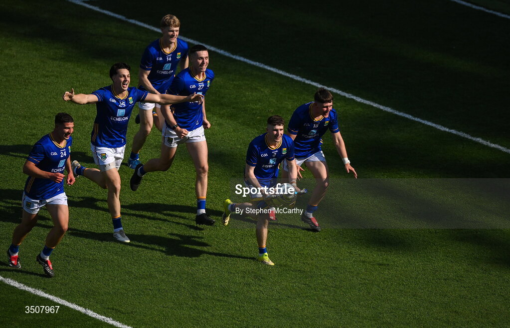 11 July 2026; Tom Moran of Wicklow and teammates celebrate with the Tailteann Cup after the Tailteann Cup final match between Down and Wicklow at Croke Park in Dublin. Photo by Stephen McCarthy/Sportsfile