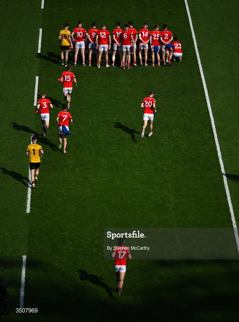 11 July 2026; Conor Branigan of Louth, 17, makes his way onto the pitch to join the team photograph before the GAA Football All-Ireland Senior Championship semi-final match between Mayo and Louth at Croke Park in Dublin. Photo by Stephen McCarthy/Sportsfile