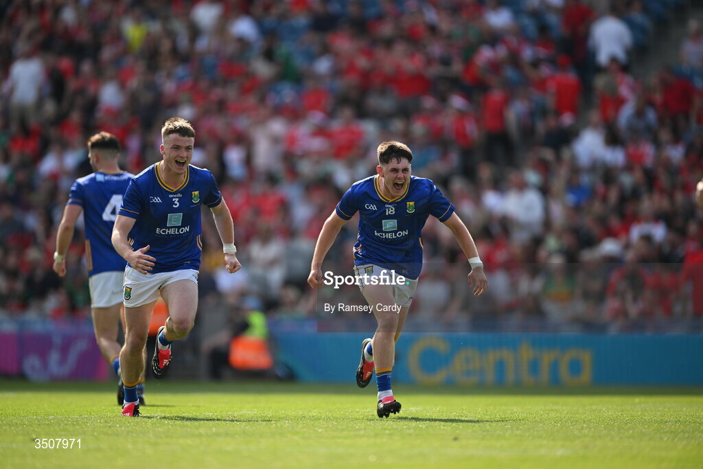 11 July 2026; Oisin McGraynor, left, and Cian Deering of Wicklow celebrate after the Tailteann Cup final match between Down and Wicklow at Croke Park in Dublin. Photo by Ramsey Cardy/Sportsfile