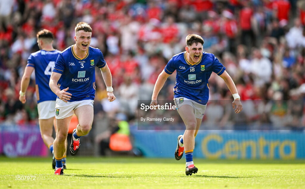 11 July 2026; Oisin McGraynor, left, and Cian Deering of Wicklow celebrate after the Tailteann Cup final match between Down and Wicklow at Croke Park in Dublin. Photo by Ramsey Cardy/Sportsfile