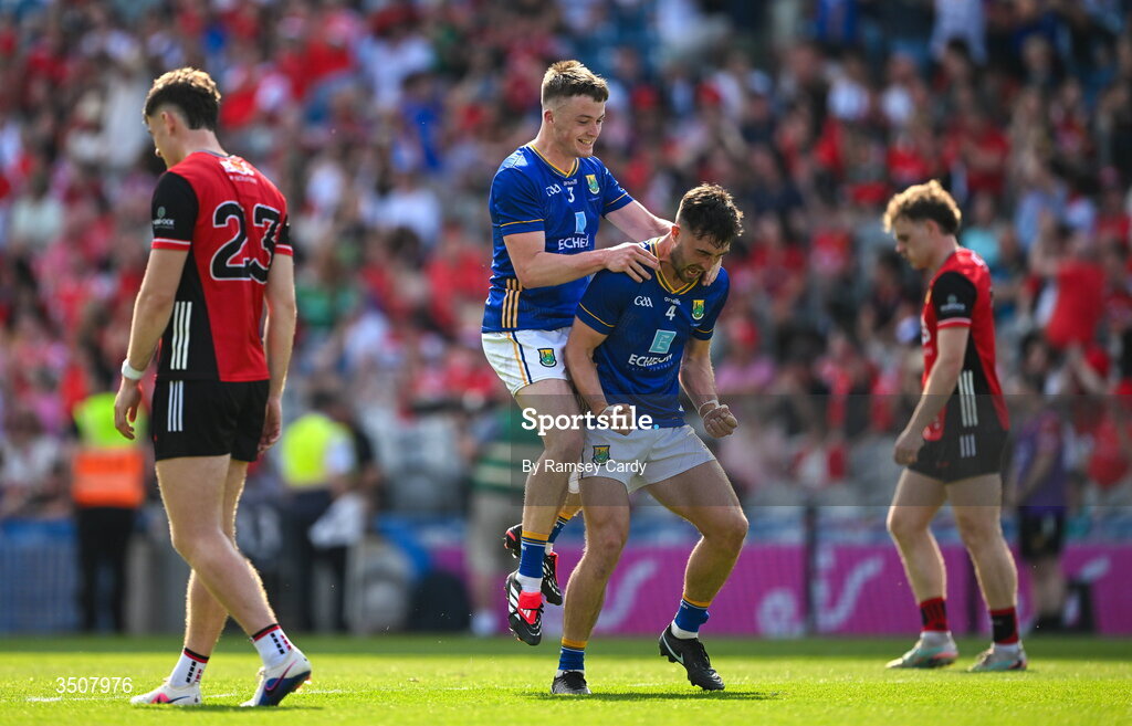 11 July 2026; Matt Nolan, left, and Malachy Stone of Wicklow celebrate after the Tailteann Cup final match between Down and Wicklow at Croke Park in Dublin. Photo by Ramsey Cardy/Sportsfile