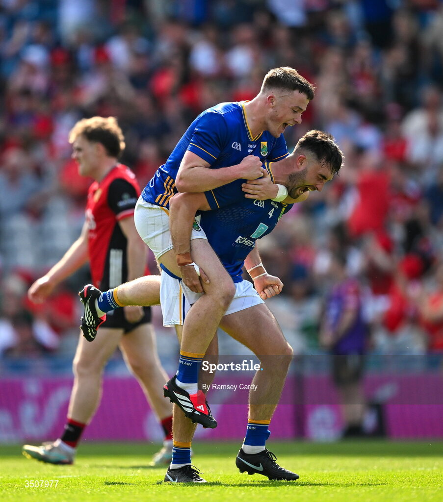 11 July 2026; Matt Nolan, left, and Malachy Stone of Wicklow celebrate after the Tailteann Cup final match between Down and Wicklow at Croke Park in Dublin. Photo by Ramsey Cardy/Sportsfile