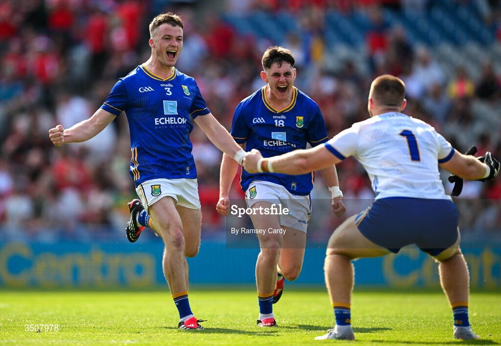 11 July 2026; Wicklow players, from left, Matt Nolan, Cian Deering and Mark Jackson celebrate after the Tailteann Cup final match between Down and Wicklow at Croke Park in Dublin. Photo by Ramsey Cardy/Sportsfile
