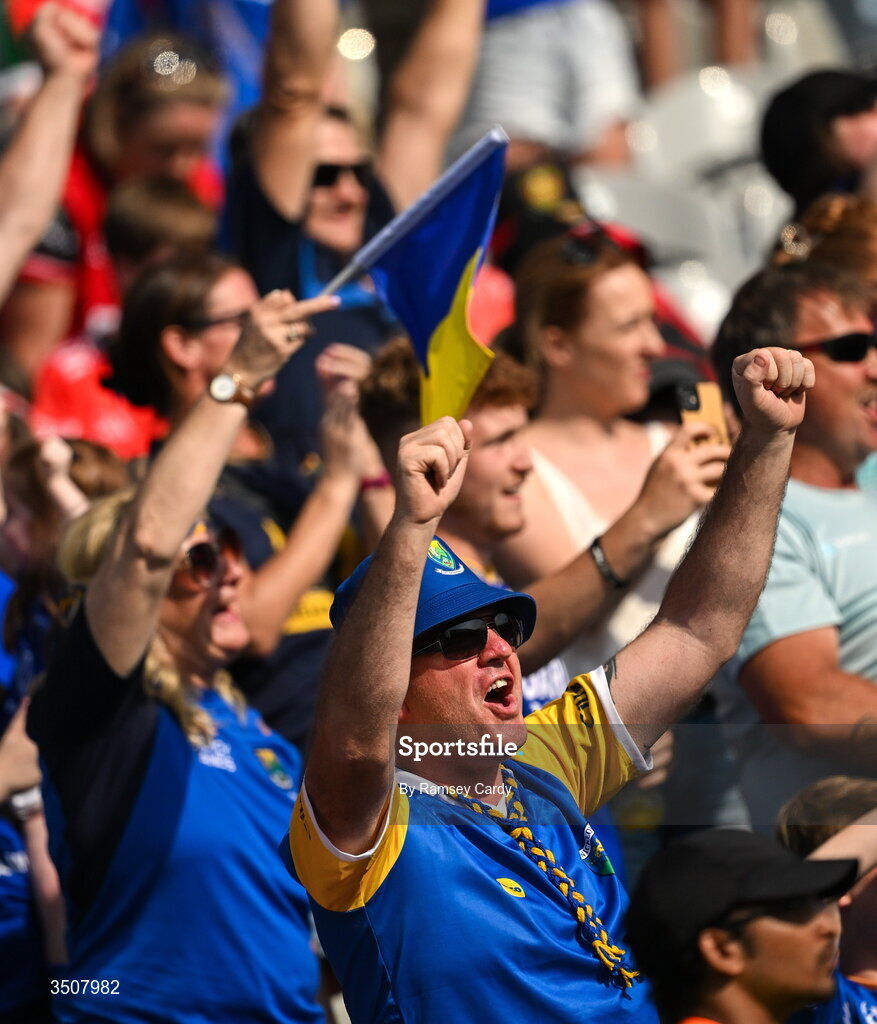 11 July 2026; Wicklow supporters celebrate after the Tailteann Cup final match between Down and Wicklow at Croke Park in Dublin. Photo by Ramsey Cardy/Sportsfile