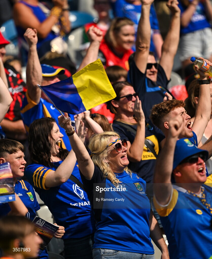 11 July 2026; Wicklow supporters celebrate after the Tailteann Cup final match between Down and Wicklow at Croke Park in Dublin. Photo by Ramsey Cardy/Sportsfile