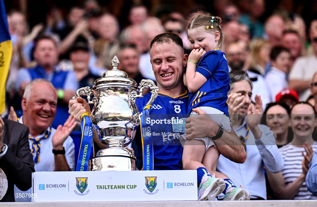 11 July 2026; Wicklow captain Dean Healy with his daughter Fiádh after the Tailteann Cup final match between Down and Wicklow at Croke Park in Dublin. Photo by Ben McShane/Sportsfile