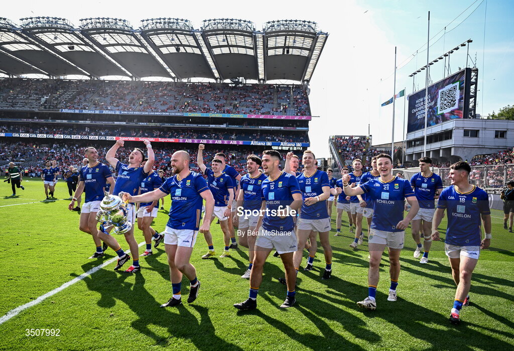 11 July 2026; Wicklow players celebrate with the Tailteanne Cup after the Tailteann Cup final match between Down and Wicklow at Croke Park in Dublin. Photo by Ben McShane/Sportsfile
