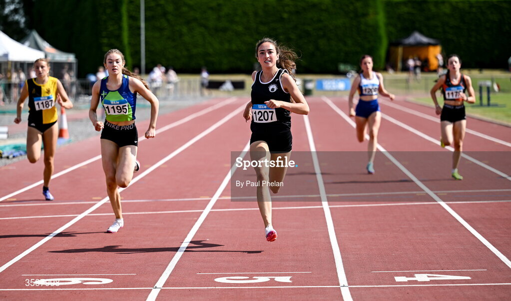 11 July 2026; Arwen Mulligan of Tramore A.C. wins the U17 girl's 200m during day three of the 123.ie National Championships at Tullamore Harriers Athletics Club in Tullamore, Offaly. Photo by Paul Phelan/Sportsfile