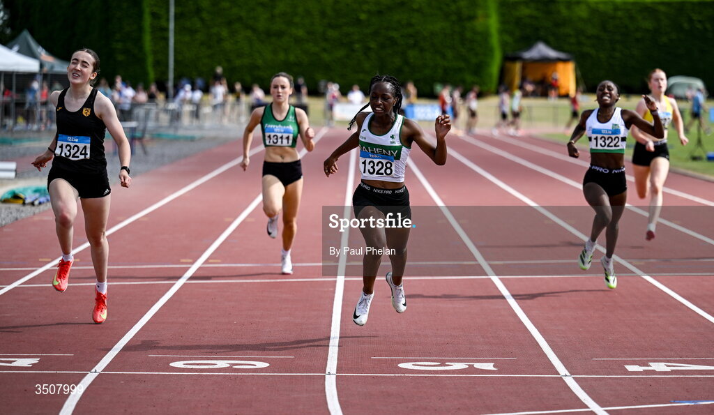 11 July 2026; Rachel Afari of Raheny Shamrock A.C. wins the U18 girl's 200m during day three of the 123.ie National Championships at Tullamore Harriers Athletics Club in Tullamore, Offaly. Photo by Paul Phelan/Sportsfile