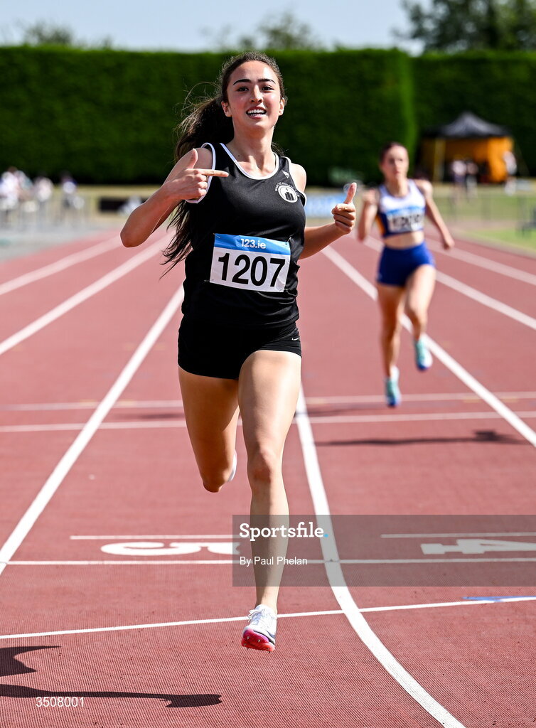 11 July 2026; Arwen Mulligan of Tramore A.C. wins the U17 girl's 200m during day three of the 123.ie National Championships at Tullamore Harriers Athletics Club in Tullamore, Offaly. Photo by Paul Phelan/Sportsfile