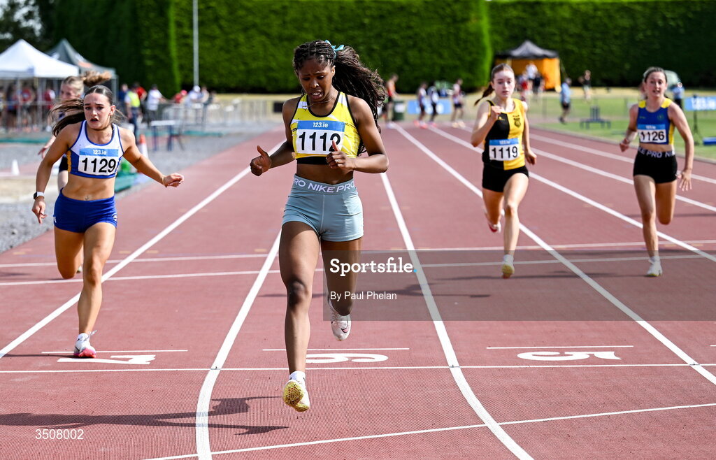 11 July 2026; Adaora Nnaemeka of Bandon A.C. wins the U16 girl's 200m during day three of the 123.ie National Championships at Tullamore Harriers Athletics Club in Tullamore, Offaly. Photo by Paul Phelan/Sportsfile