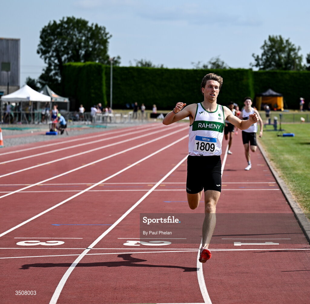 11 July 2026; Conrad Latham of Raheny Shamrock A.C. wins the U19 boy's 1500m during day three of the 123.ie National Championships at Tullamore Harriers Athletics Club in Tullamore, Offaly. Photo by Paul Phelan/Sportsfile