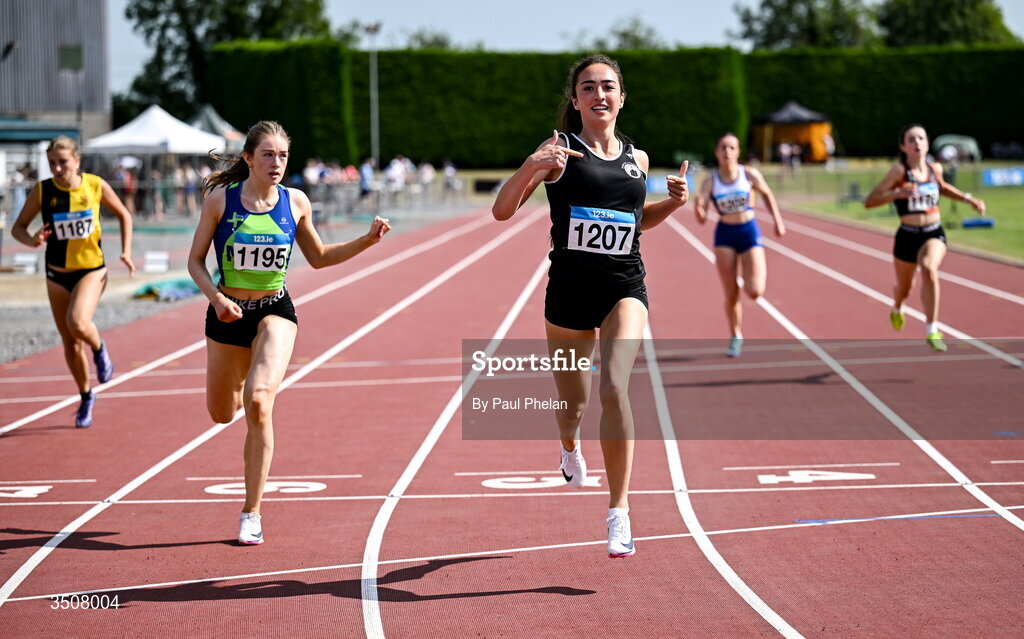 11 July 2026; Arwen Mulligan of Tramore A.C. wins the U17 girl's 200m during day three of the 123.ie National Championships at Tullamore Harriers Athletics Club in Tullamore, Offaly. Photo by Paul Phelan/Sportsfile