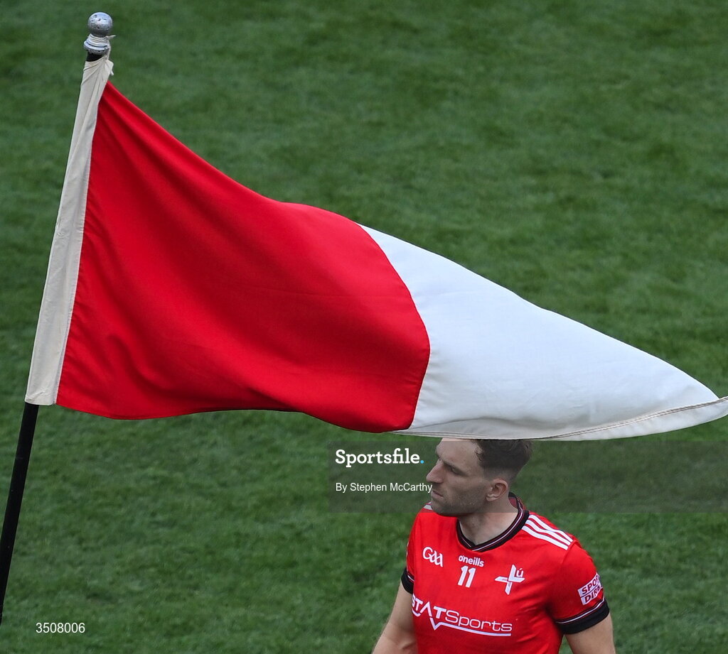 11 July 2026; Sam Mulroy of Louth in the pre-match parade before the GAA Football All-Ireland Senior Championship semi-final match between Mayo and Louth at Croke Park in Dublin. Photo by Stephen McCarthy/Sportsfile