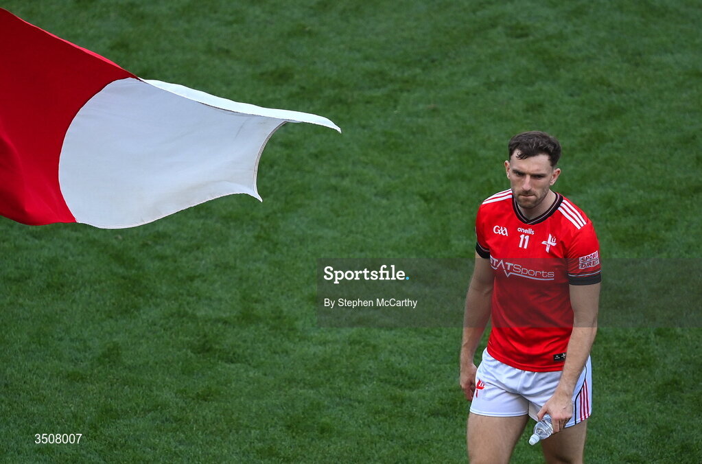 11 July 2026; Sam Mulroy of Louth in the pre-match parade before the GAA Football All-Ireland Senior Championship semi-final match between Mayo and Louth at Croke Park in Dublin. Photo by Stephen McCarthy/Sportsfile