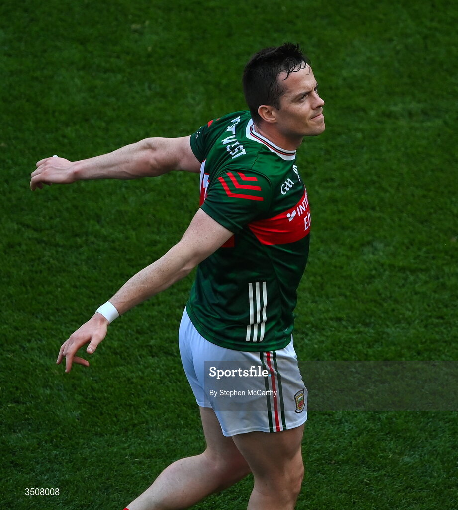 11 July 2026; Stephen Coen of Mayo in the pre-match parade before the GAA Football All-Ireland Senior Championship semi-final match between Mayo and Louth at Croke Park in Dublin. Photo by Stephen McCarthy/Sportsfile