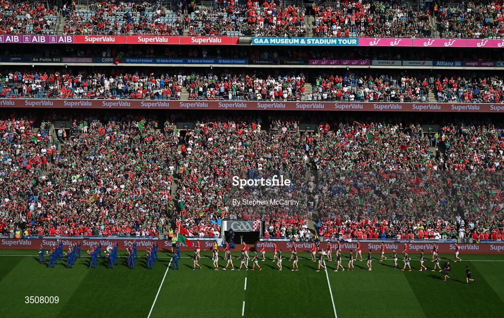 11 July 2026; A general view of the pre-match parade before the GAA Football All-Ireland Senior Championship semi-final match between Mayo and Louth at Croke Park in Dublin. Photo by Stephen McCarthy/Sportsfile