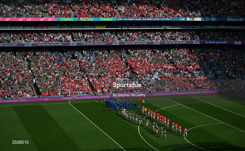11 July 2026; A general view of the pre-match parade before the GAA Football All-Ireland Senior Championship semi-final match between Mayo and Louth at Croke Park in Dublin. Photo by Stephen McCarthy/Sportsfile