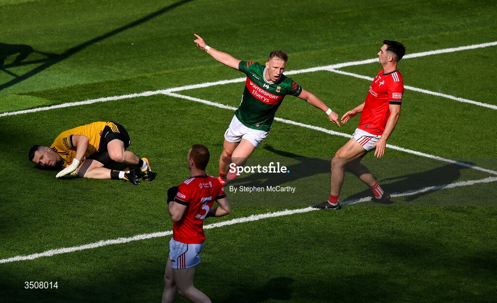 11 July 2026; Ryan O'Donoghue of Mayo celebrates after scoring his side's first goal during the GAA Football All-Ireland Senior Championship semi-final match between Mayo and Louth at Croke Park in Dublin. Photo by Stephen McCarthy/Sportsfile