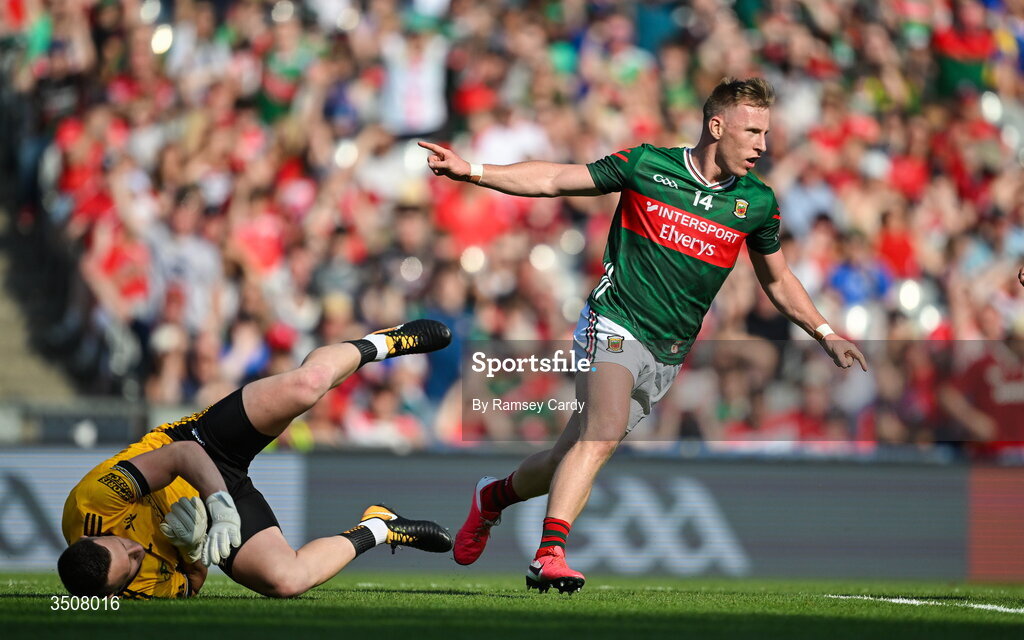 11 July 2026; Ryan O'Donoghue of Mayo celebrates after scoring his side's first goal during the GAA Football All-Ireland Senior Championship semi-final match between Mayo and Louth at Croke Park in Dublin. Photo by Ramsey Cardy/Sportsfile