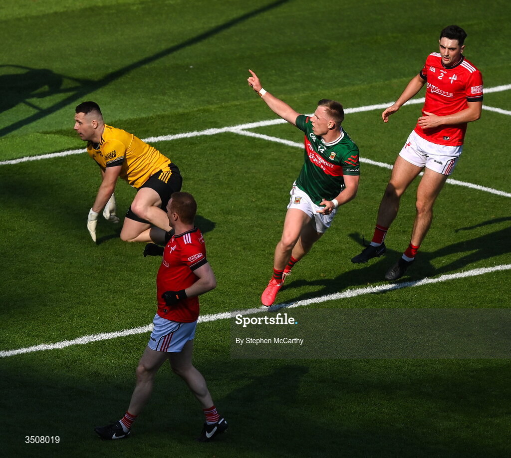 11 July 2026; Ryan O'Donoghue of Mayo celebrates after scoring his side's first goal during the GAA Football All-Ireland Senior Championship semi-final match between Mayo and Louth at Croke Park in Dublin. Photo by Stephen McCarthy/Sportsfile