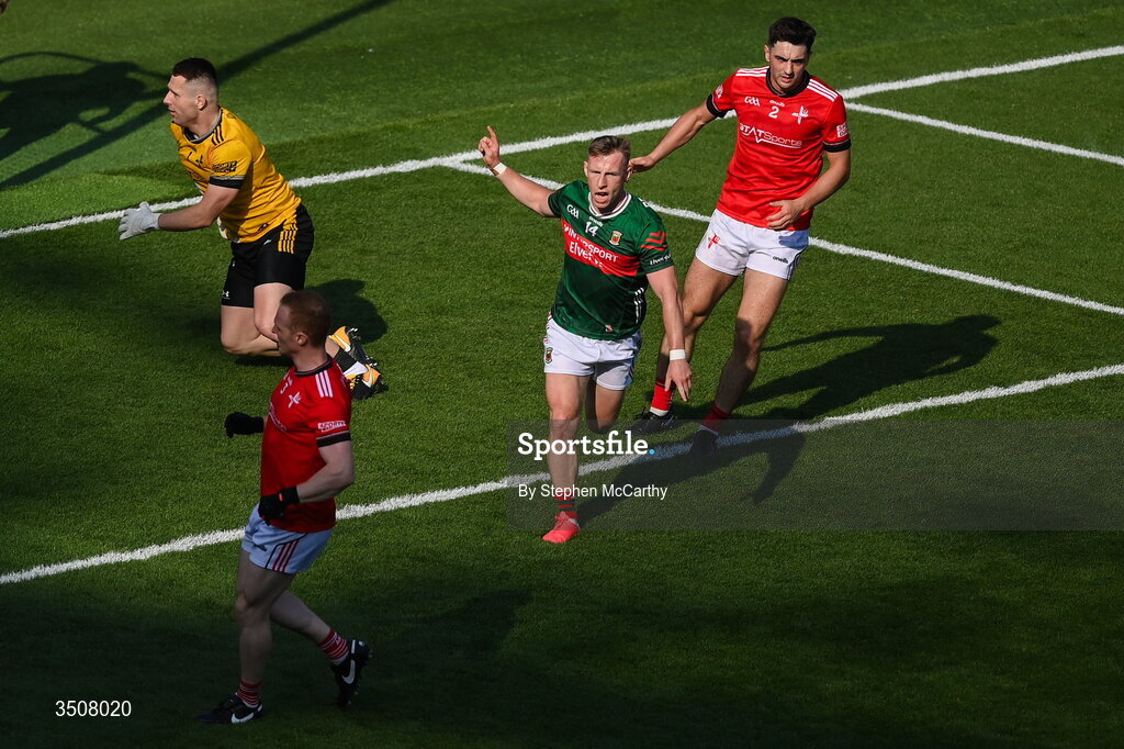 11 July 2026; Ryan O'Donoghue of Mayo celebrates after scoring his side's first goal during the GAA Football All-Ireland Senior Championship semi-final match between Mayo and Louth at Croke Park in Dublin. Photo by Stephen McCarthy/Sportsfile