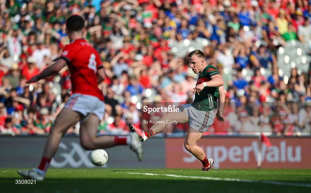 11 July 2026; Ryan O'Donoghue of Mayo scores his side's first goal during the GAA Football All-Ireland Senior Championship semi-final match between Mayo and Louth at Croke Park in Dublin. Photo by Ramsey Cardy/Sportsfile