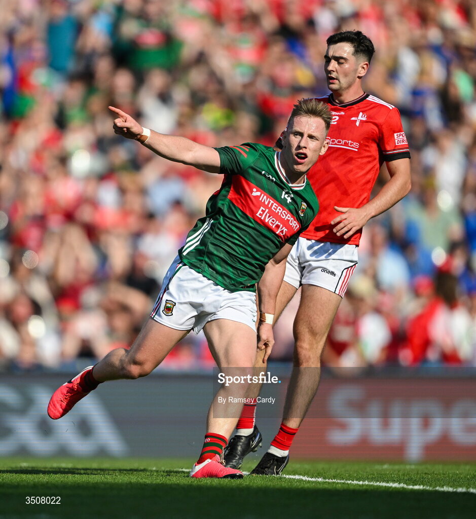 11 July 2026; Ryan O'Donoghue of Mayo celebrates after scoring his side's first goal during the GAA Football All-Ireland Senior Championship semi-final match between Mayo and Louth at Croke Park in Dublin. Photo by Ramsey Cardy/Sportsfile