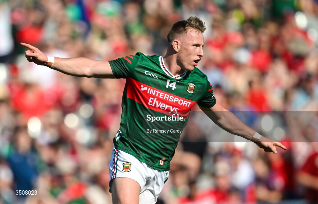 11 July 2026; Ryan O'Donoghue of Mayo celebrates after scoring his side's first goal during the GAA Football All-Ireland Senior Championship semi-final match between Mayo and Louth at Croke Park in Dublin. Photo by Ramsey Cardy/Sportsfile