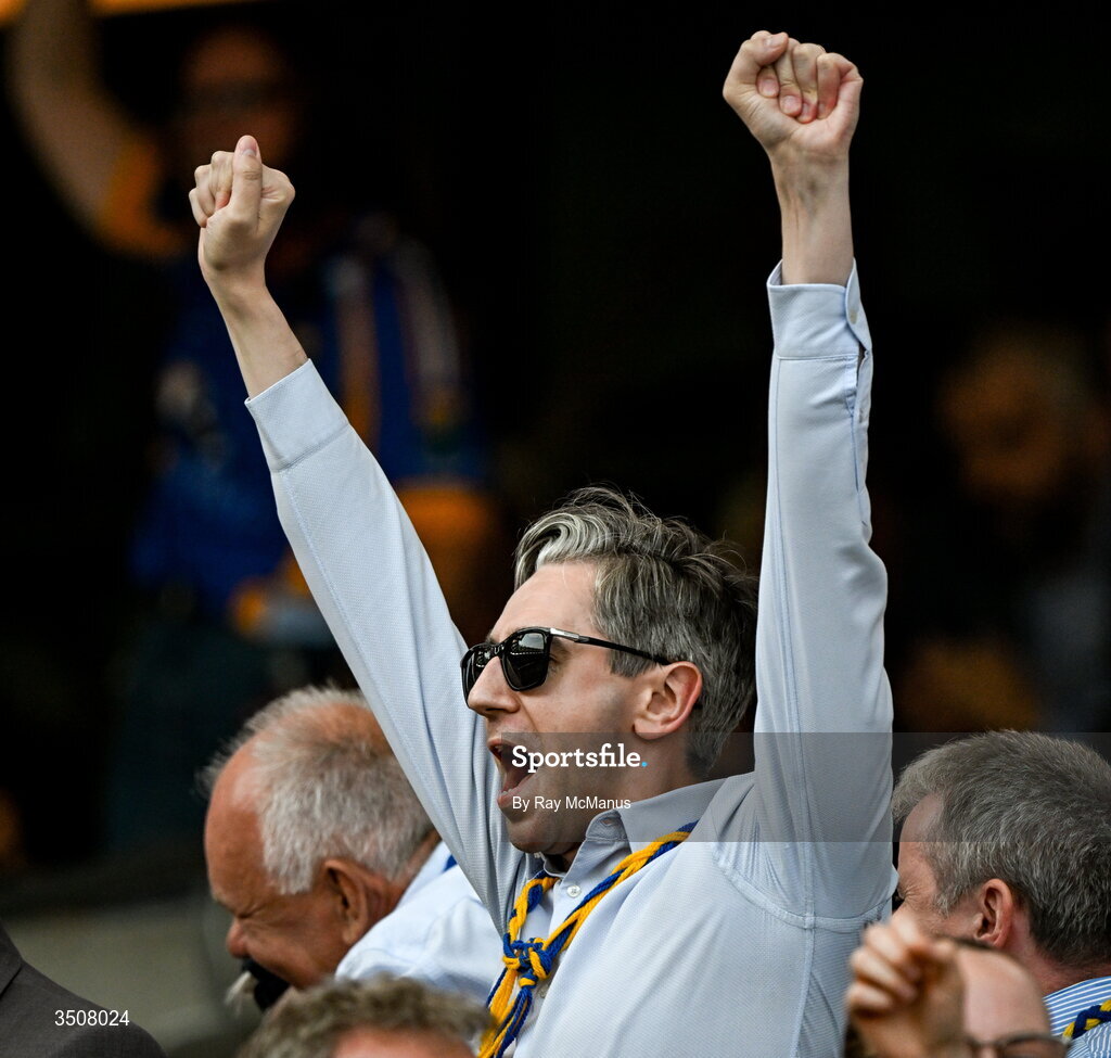 11 July 2026; Tánaiste Simon Harris, who was born in Greystones, County Wicklow, celebrates as the hooter sounds at the end the Tailteann Cup final match between Down and Wicklow at Croke Park in Dublin. Photo by Ray McManus/Sportsfile