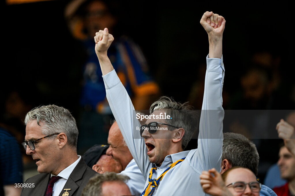 11 July 2026; Tánaiste Simon Harris, who was born in Greystones, County Wicklow, celebrates as the hooter sounds at the end the Tailteann Cup final match between Down and Wicklow at Croke Park in Dublin. Photo by Ray McManus/Sportsfile