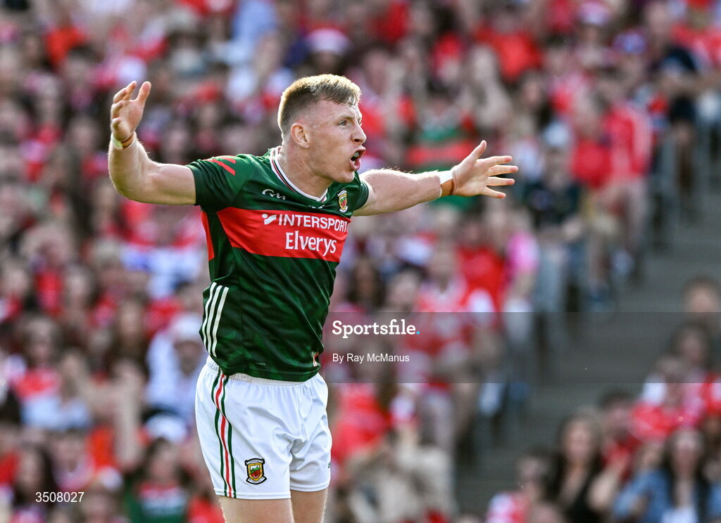 11 July 2026; Ryan O'Donoghue of Mayo celebrates his 6th minute goal during the GAA Football All-Ireland Senior Championship semi-final match between Mayo and Louth at Croke Park in Dublin. Photo by Ray McManus/Sportsfile