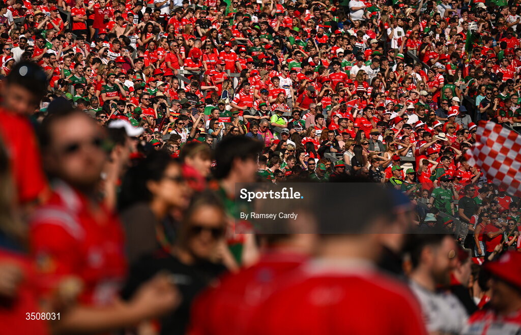 11 July 2026; Supporters on Hill 16 during the GAA Football All-Ireland Senior Championship semi-final match between Mayo and Louth at Croke Park in Dublin. Photo by Ramsey Cardy/Sportsfile