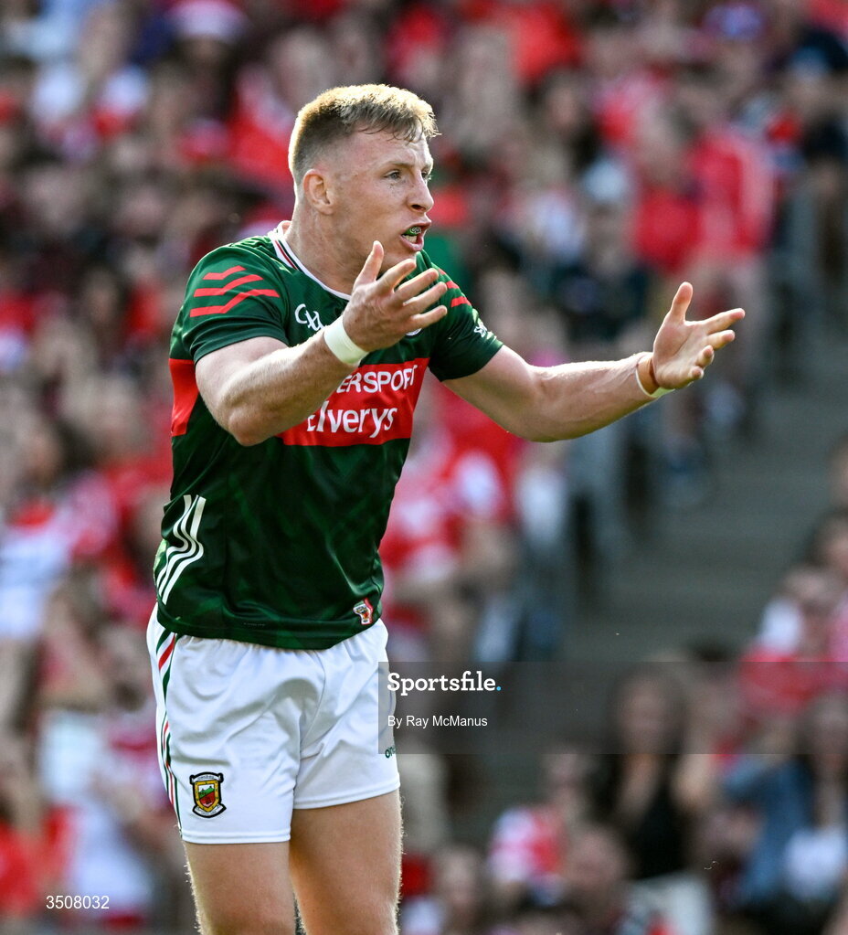 11 July 2026; Ryan O'Donoghue of Mayo celebrates his 6th minute goal during the GAA Football All-Ireland Senior Championship semi-final match between Mayo and Louth at Croke Park in Dublin. Photo by Ray McManus/Sportsfile