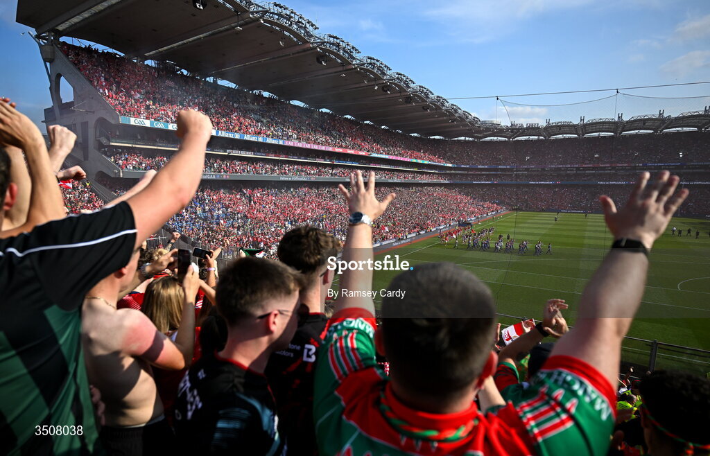 11 July 2026; Supporters on Hill 16 watch the parade before the GAA Football All-Ireland Senior Championship semi-final match between Mayo and Louth at Croke Park in Dublin. Photo by Ramsey Cardy/Sportsfile
