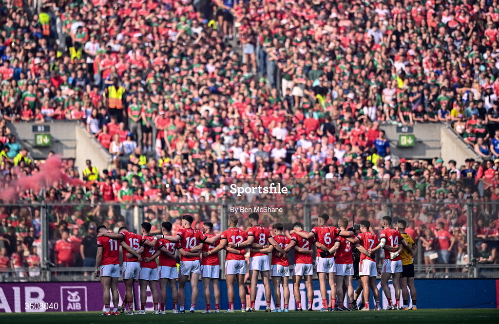 11 July 2026; Louth players stand for Amhrán na bhFiann before the GAA Football All-Ireland Senior Championship semi-final match between Mayo and Louth at Croke Park in Dublin. Photo by Ben McShane/Sportsfile