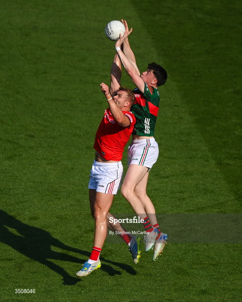 11 July 2026; Bob Tuohy of Mayo in action against Conor Grimes of Louth during the GAA Football All-Ireland Senior Championship semi-final match between Mayo and Louth at Croke Park in Dublin. Photo by Stephen McCarthy/Sportsfile